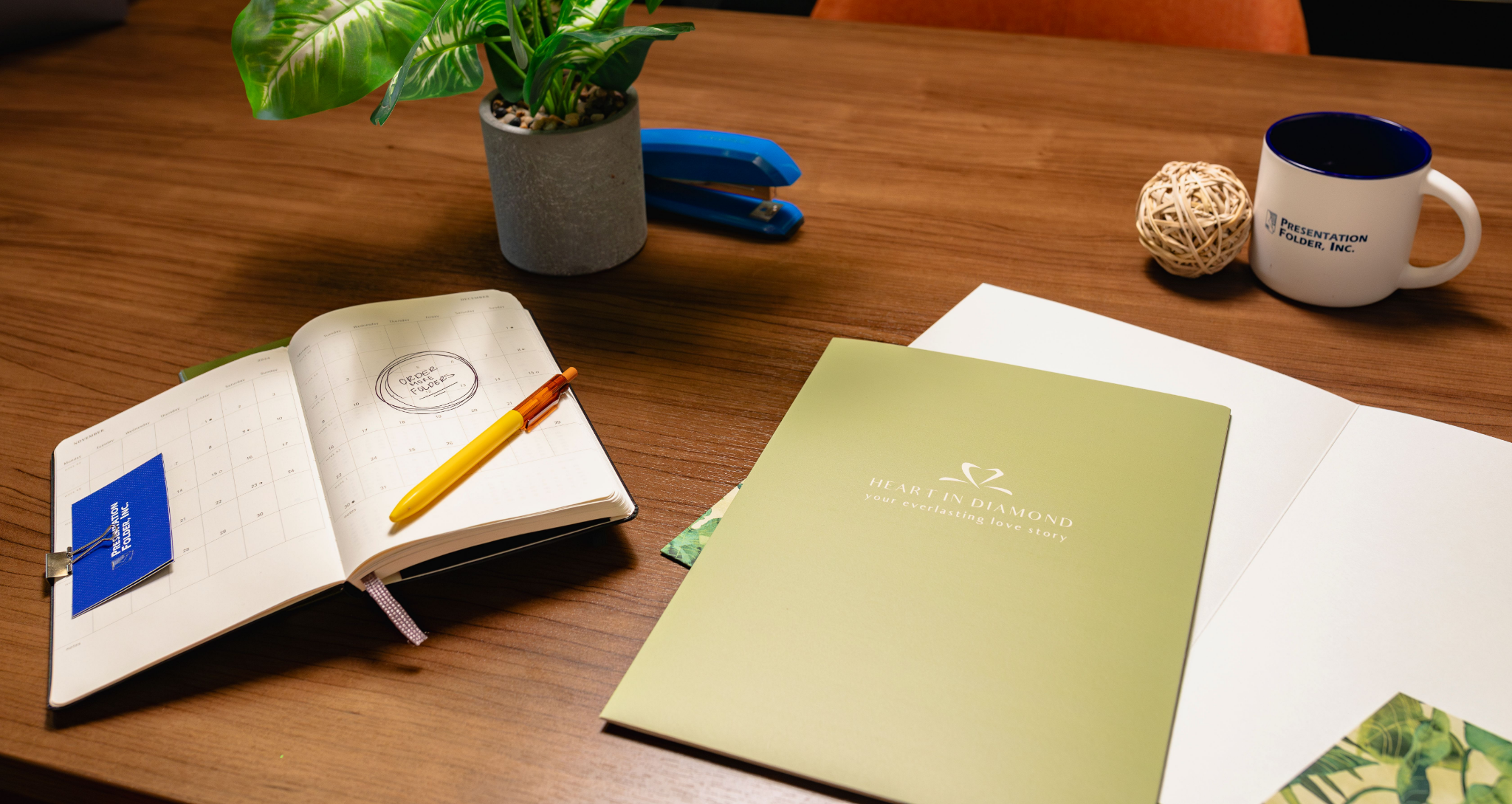 Custom folders arranged on a desk