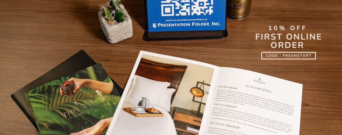 Printed folder with documents arranged on a desk